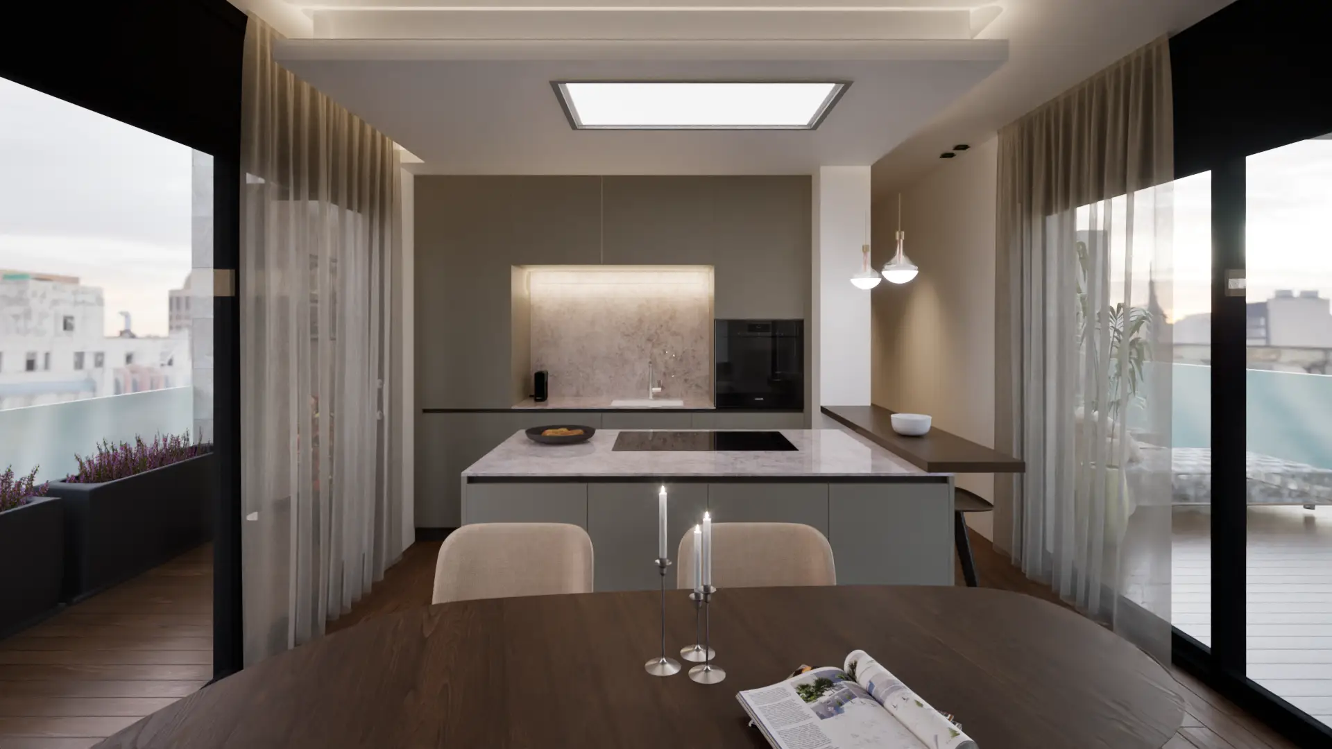 Render di progetto di una cucina con isola, colonne e zona pranzo